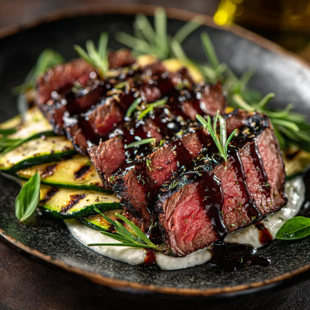 A chef slicing the cooked balsamic flank steak against the grain on a wooden cutting board, with juices visible.