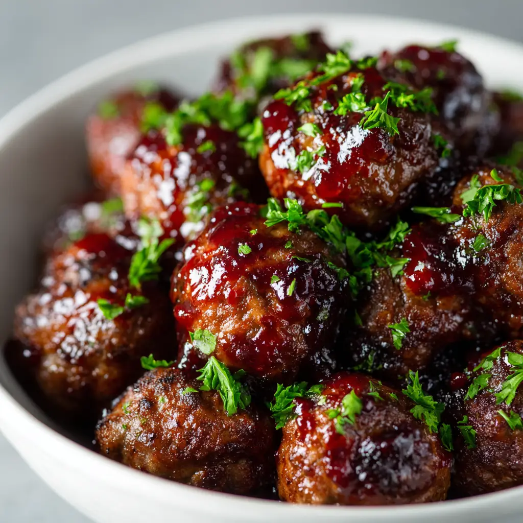 A close-up of a slow cooker full of party meatballs simmering in a rich, dark sauce.