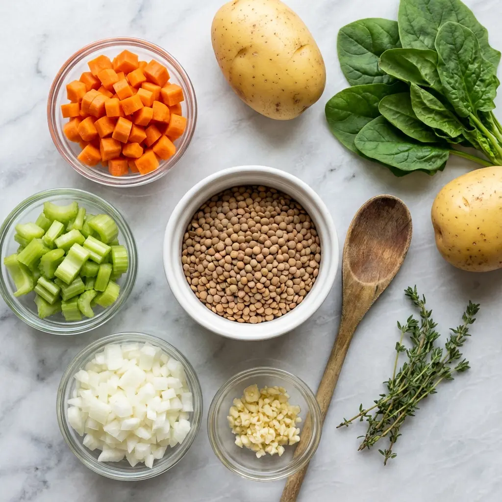 Overhead view of raw ingredients for lentil vegetable soup, including lentils, carrots, celery, onion, and potatoes.