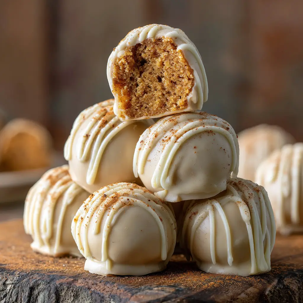 A snickerdoodle truffle cut in half, revealing the creamy, spiced cookie dough filling inside the white chocolate shell.