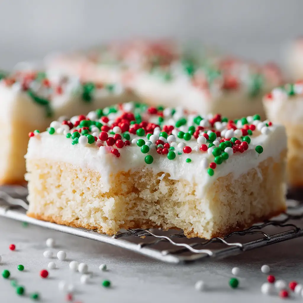 An extreme close-up of a single sugar cookie bar, showcasing its soft, chewy texture and the thick layer of creamy white frosting topped with rainbow sprinkles.