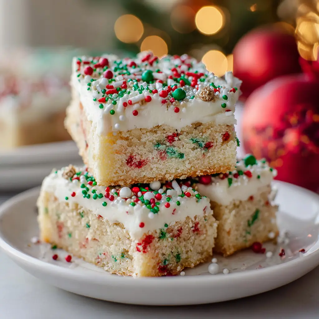 A delicious stack of three soft frosted sugar cookie bars with festive Christmas sprinkles, showcasing their thick and chewy texture.
