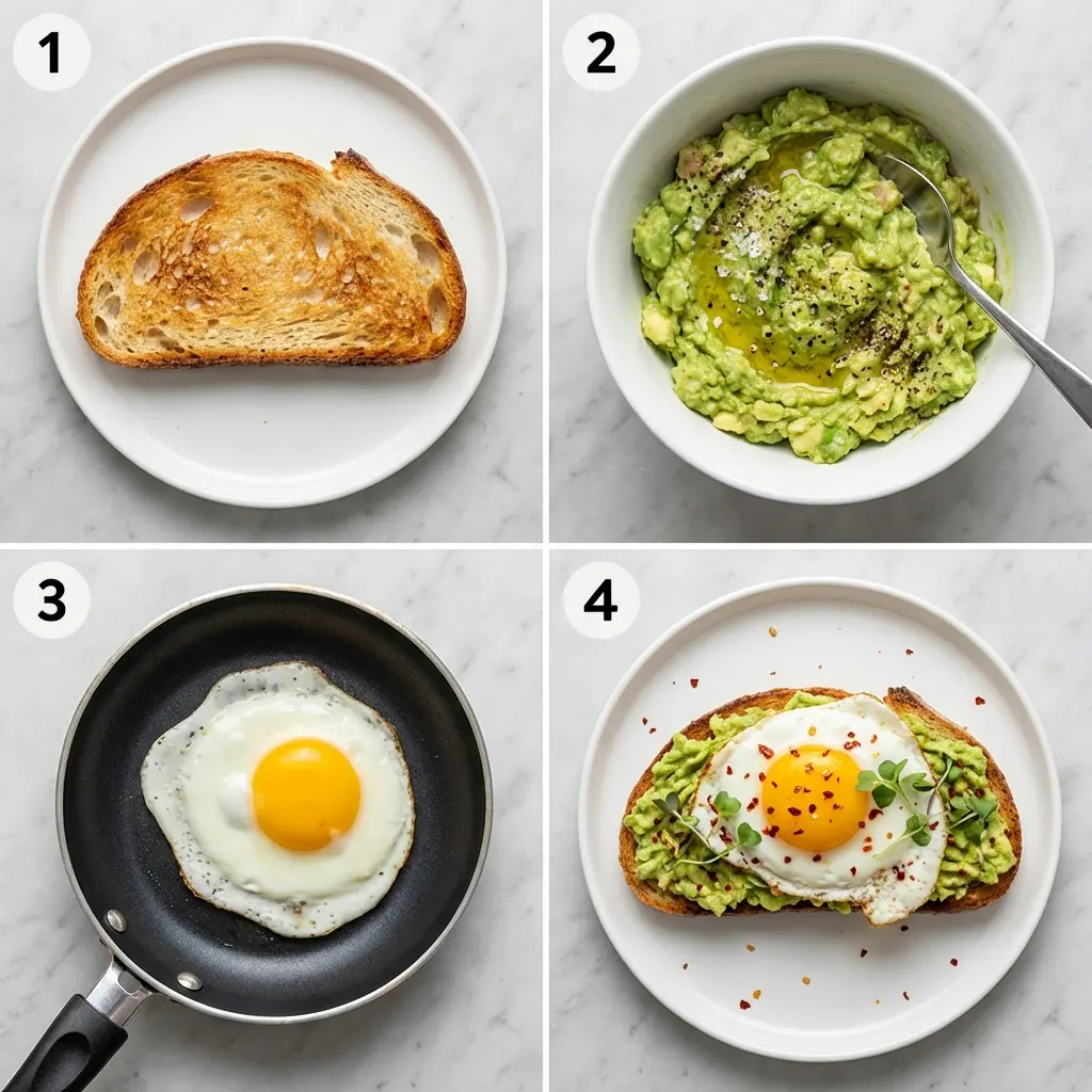 A four-panel image showing the steps to make sourdough avocado toast with an egg.