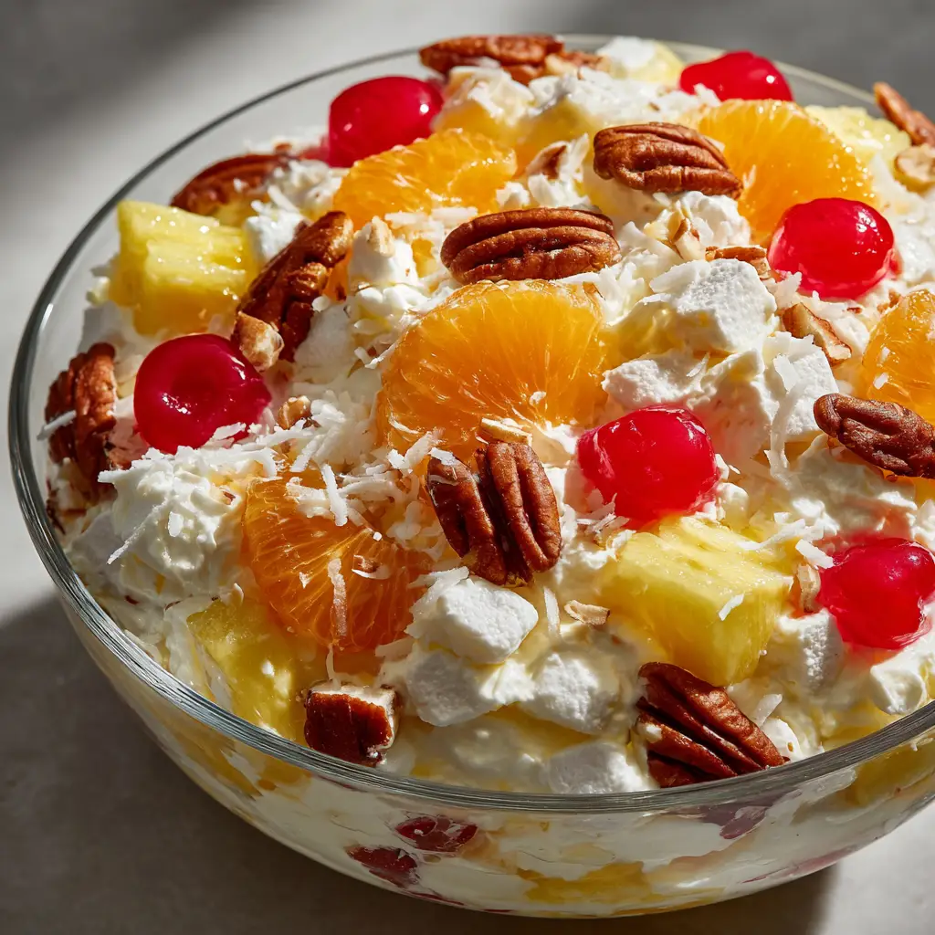 A serving of Southern-style Ambrosia Salad on a plate, with a spoon taking a scoop to show the rich consistency and mix of ingredients.