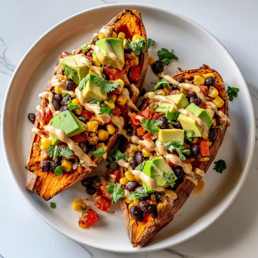 A close-up overhead view of two stuffed sweet potatoes filled with a southwest black bean and corn mixture, garnished with fresh toppings.