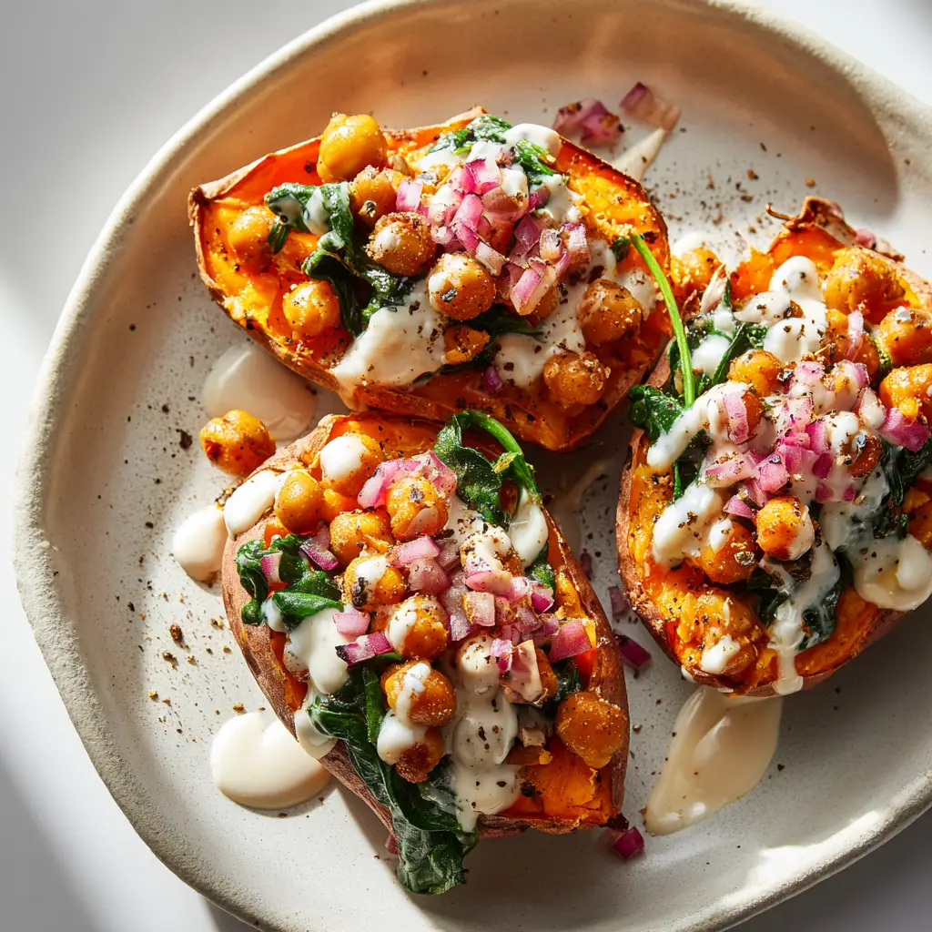 A close-up shot of the spiced chickpea filling inside a fluffy baked sweet potato, garnished with fresh parsley.