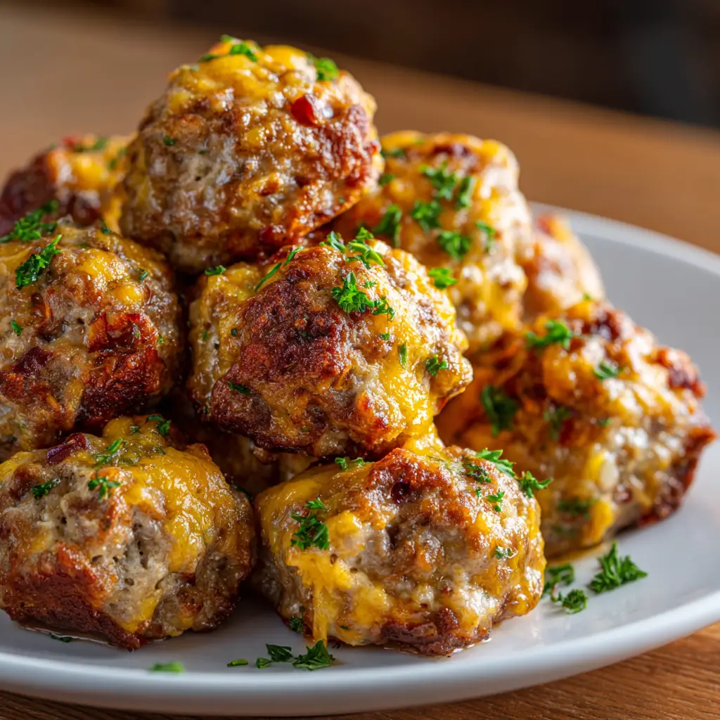 A pile of golden-brown Rotel sausage balls right out of the oven, perfect for a holiday party.