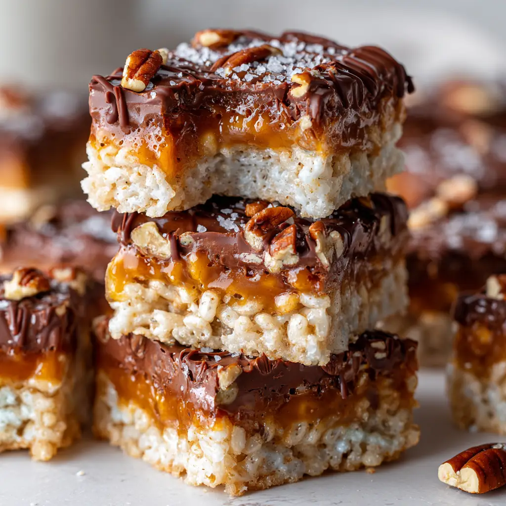 A stack of three finished Turtle Rice Krispie Treats on a white plate, showcasing the chocolate drizzle and pecan topping.
