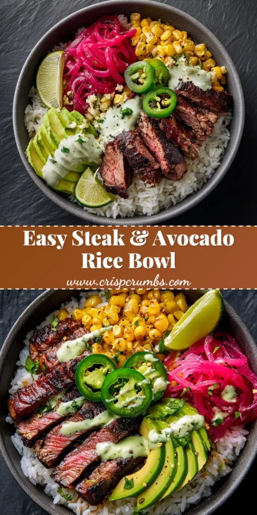 A healthy and delicious Steak and Avocado Bowl recipe with perfectly grilled steak, creamy avocado, and a zesty cilantro-lime dressing. The perfect easy weeknight dinner idea! | CrispCrumbs.com