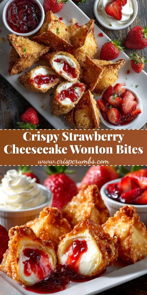 A beautiful overhead shot of crispy Strawberry Cheesecake Wontons arranged on a plate, dusted with powdered sugar and garnished with fresh strawberries.