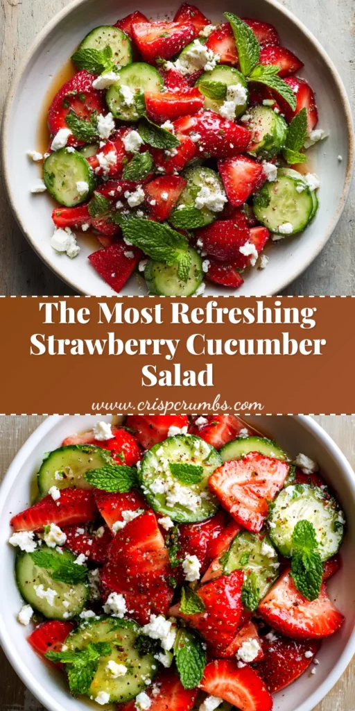 An overhead shot of a vibrant Strawberry Cucumber Salad in a white bowl, ready to be shared. The salad features red strawberries, green cucumbers, and fresh mint.