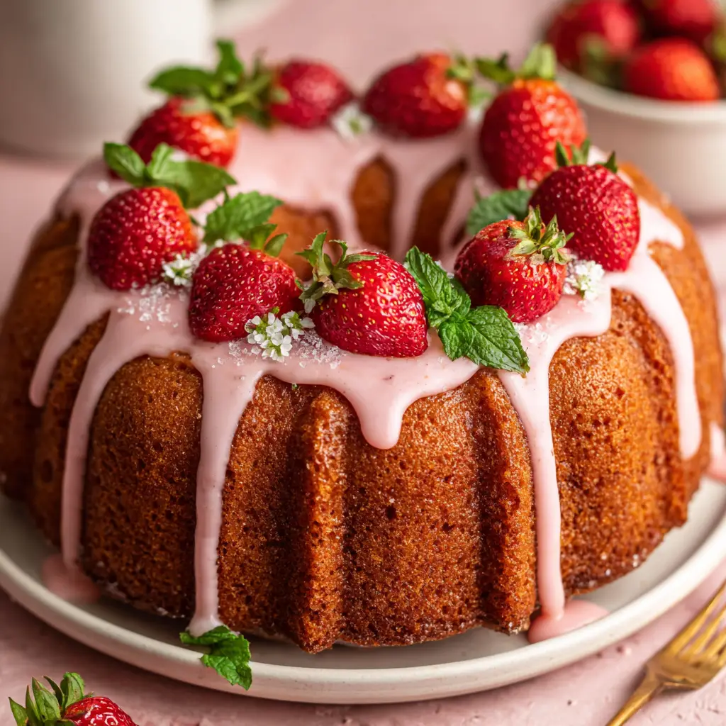 The thick, creamy batter for the strawberry pound cake in a mixing bowl with fresh diced strawberries being folded in with a spatula.