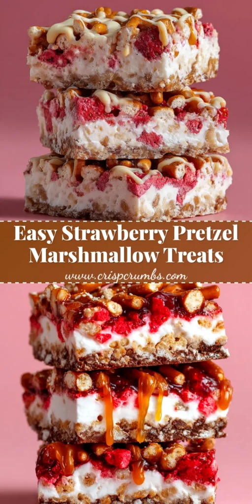 A close-up overhead shot of sliced Strawberry Pretzel Marshmallow Treats in a baking dish, showing the distinct layers of pretzel crust, cream filling, and strawberry topping.