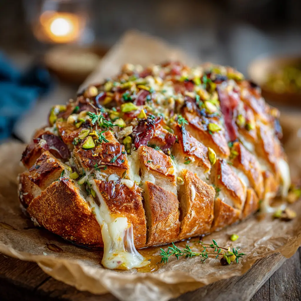 A rustic, crusty loaf of bread being prepared for the Brie Cheese Bread recipe, with a wheel of brie placed inside the hollowed-out center.