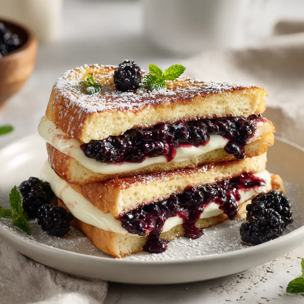 A stack of stuffed french toast on a plate, with a fork taking a piece to show the soft, custardy interior and creamy filling.