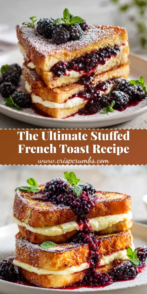 A close-up shot of perfectly golden Stuffed French Toast, cut in half to show the creamy cheesecake filling, topped with fresh berries and powdered sugar.