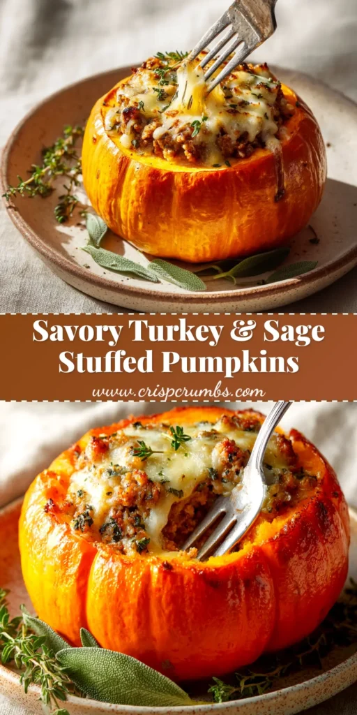 A beautiful platter of four stuffed mini pumpkins, filled with a savory sausage and apple stuffing and topped with melted cheese, ready for a fall dinner.