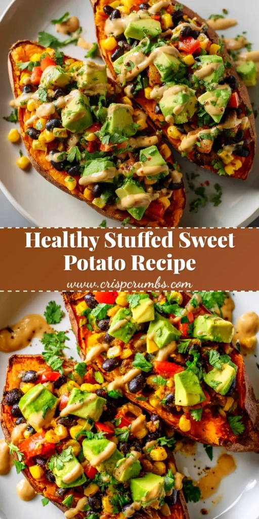A perfectly baked Stuffed Sweet Potato overflowing with a savory black bean and corn filling, topped with fresh avocado and cilantro. A healthy and delicious vegetarian meal.