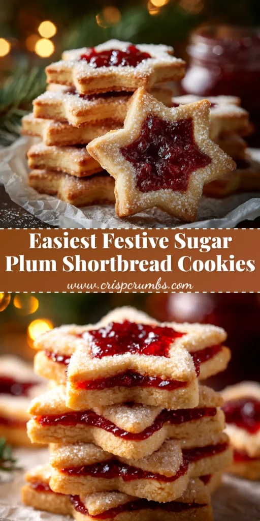 An overhead shot of festive Sugar Plum Shortbread Cookies arranged on a plate. The buttery cookies are filled with a vibrant plum jam and sparkle with sugar.