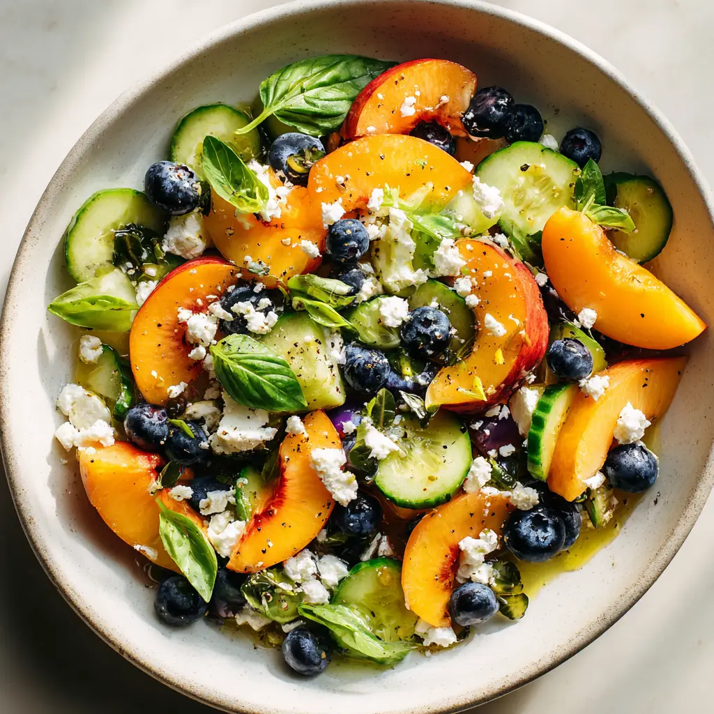 The completed Blueberry Peach Feta Salad served in a large bowl, ready to be shared. A healthy summer side dish for any occasion.