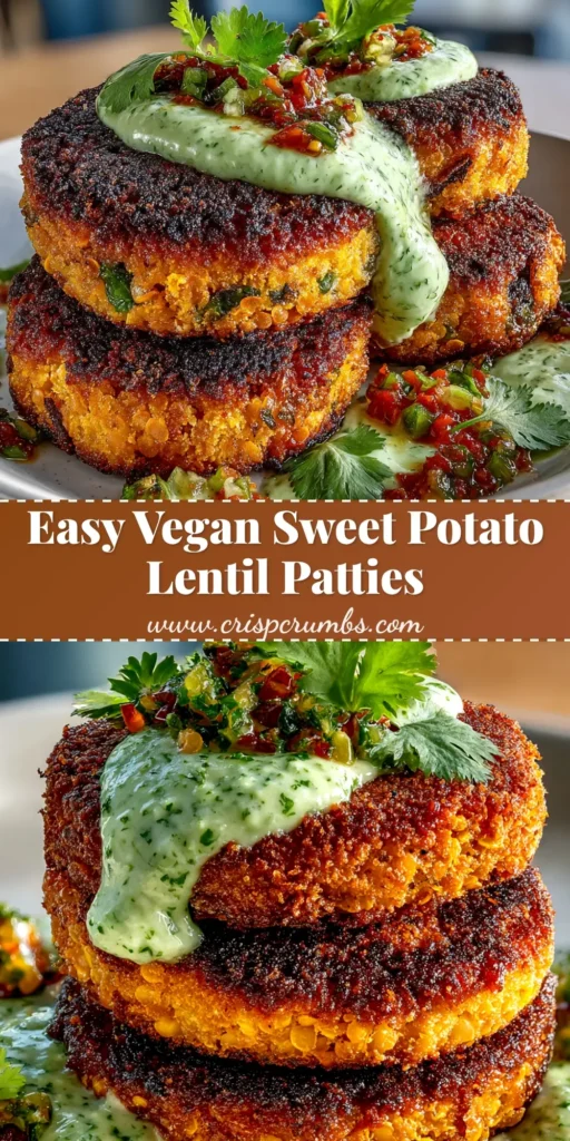 A stack of three golden-brown Sweet Potato Lentil Patties on a plate, garnished with fresh herbs and a side of yogurt sauce, showcasing their perfect texture.