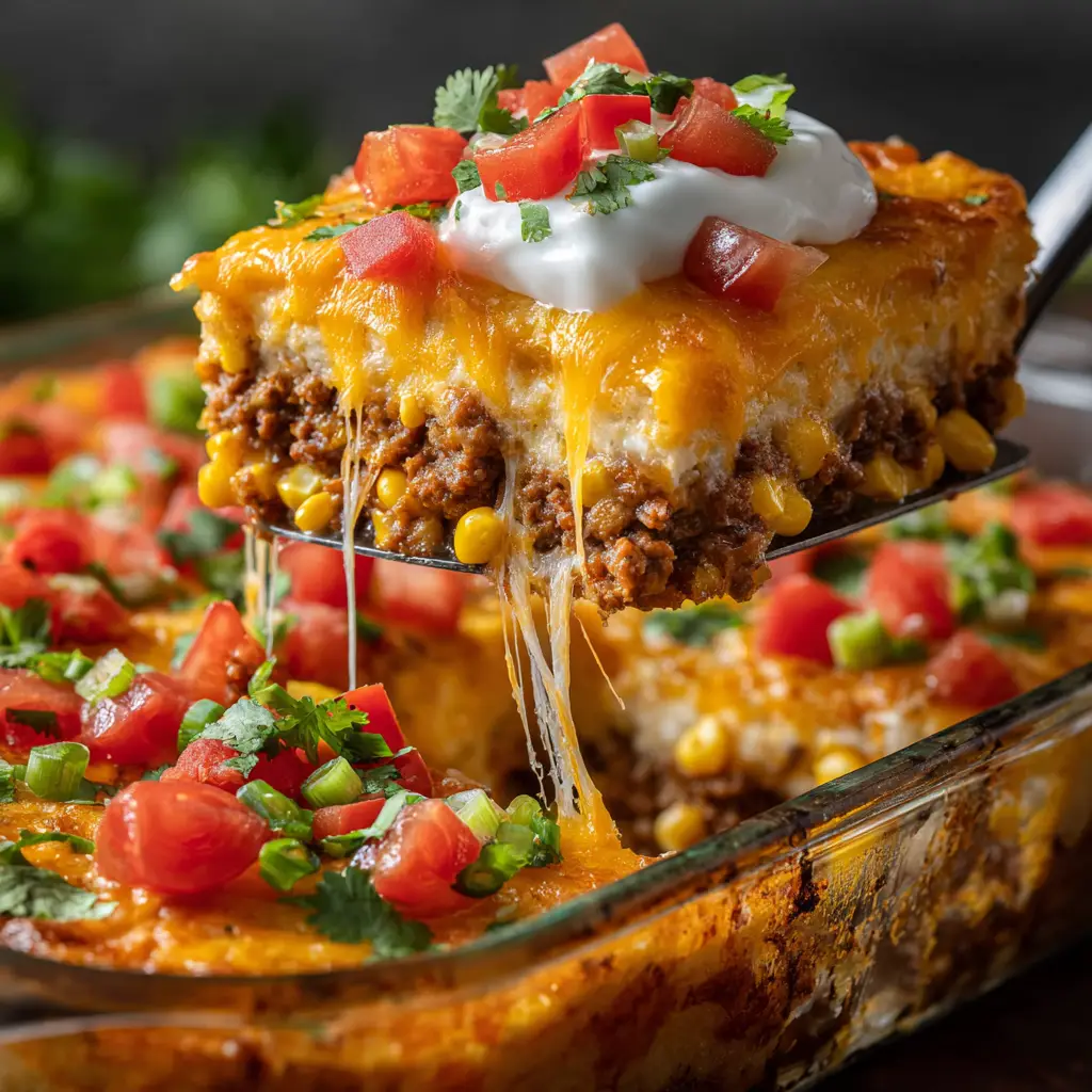 An extreme close-up of a serving of the baked Tex-Mex Casserole on a plate, garnished with fresh cilantro and a dollop of sour cream.