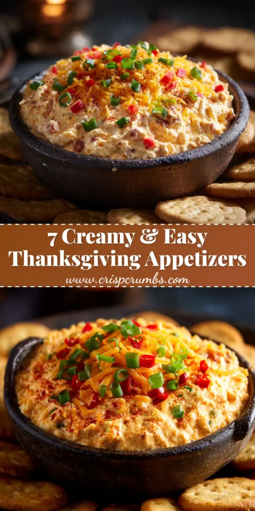 An overhead shot of the best Thanksgiving appetizers, featuring a festive cranberry pecan cream cheese dip served on a platter with various crackers. The dip is bright and colorful, perfect for the holidays.