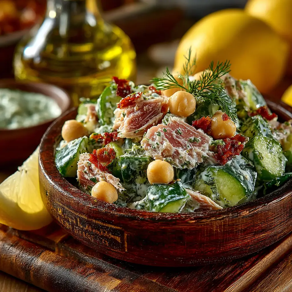 A large bowl of tuna chickpea salad with red onions, celery, and herbs, shown with a serving spoon taking a scoop.