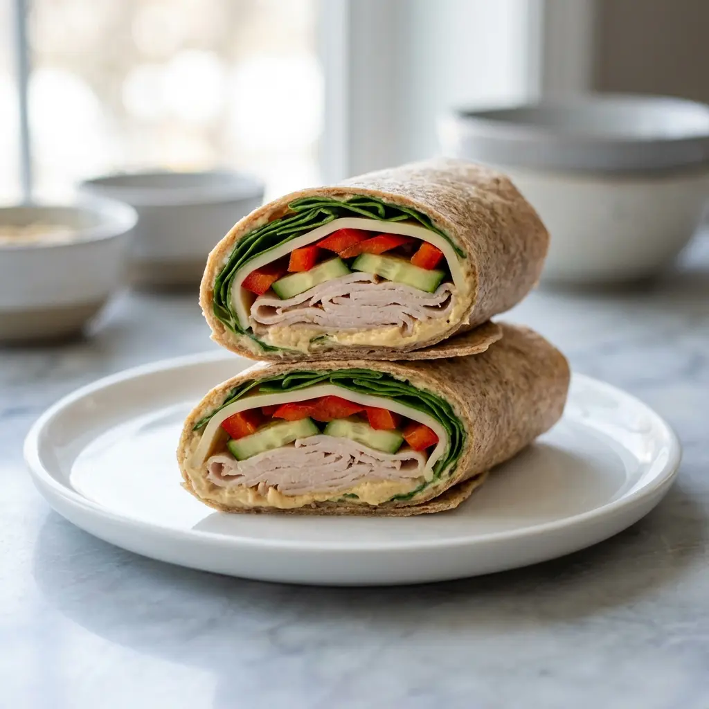 A perfectly layered turkey hummus wrap sliced in half, ready for a healthy meal prep lunch.
