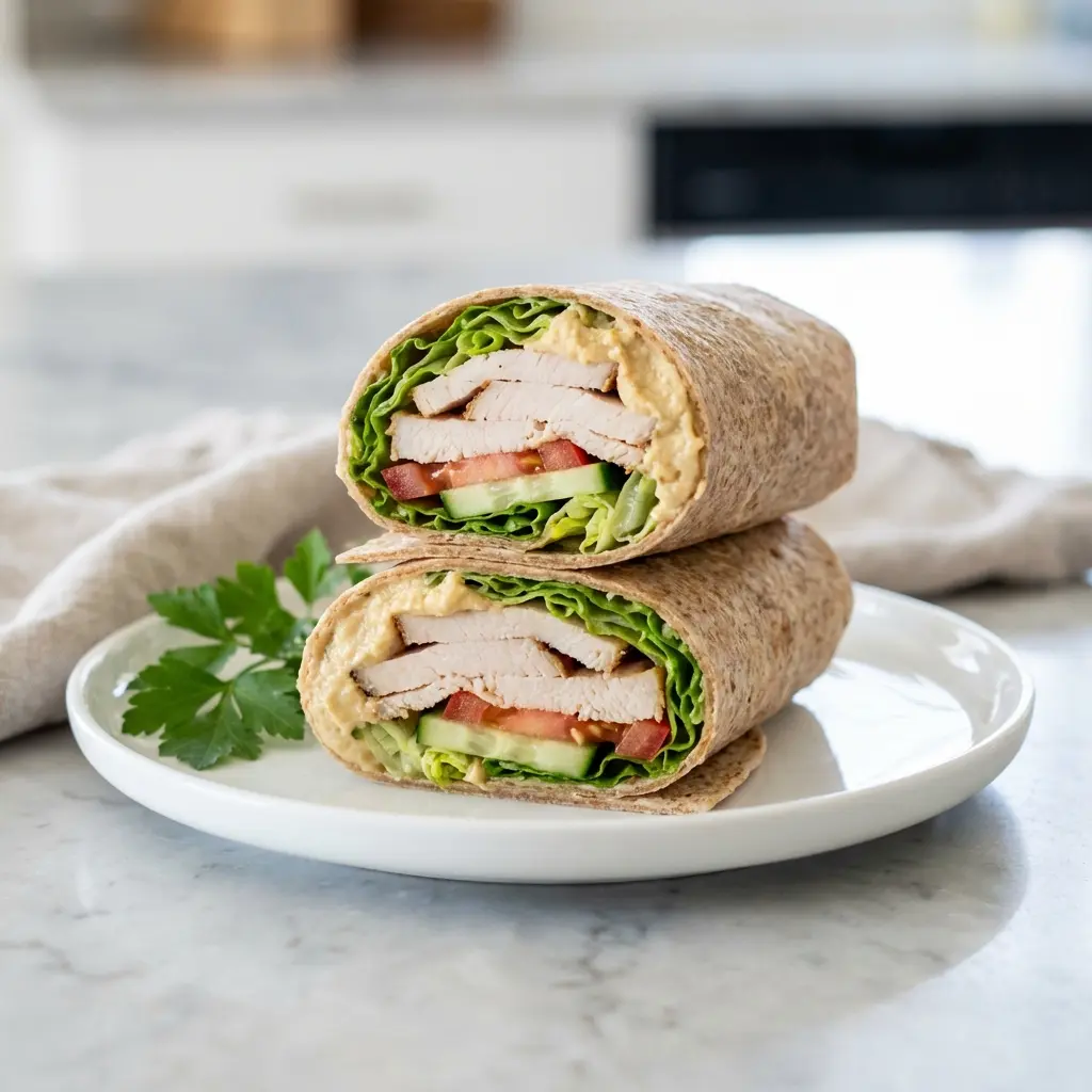 A close-up of a healthy turkey hummus wrap recipe, sliced in half to show the fresh ingredients inside.