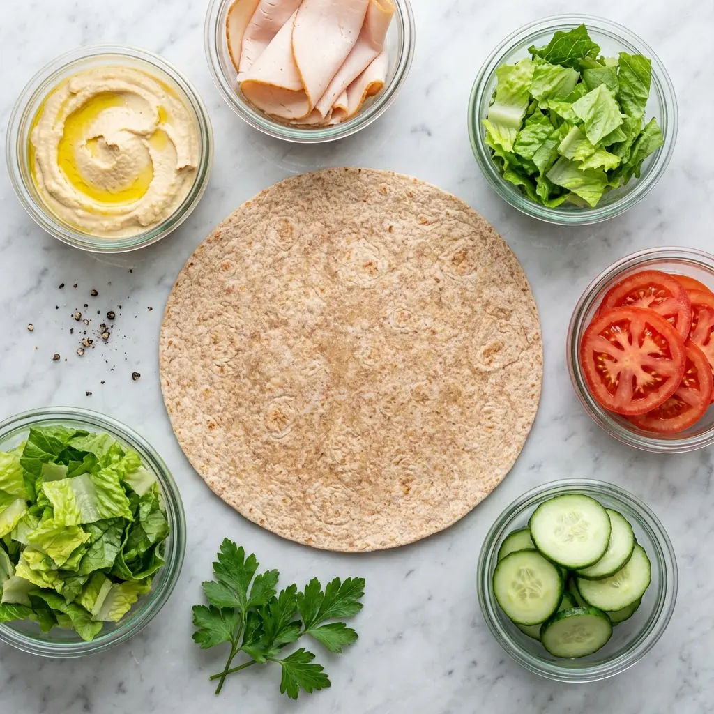 Ingredients for the turkey hummus wrap recipe laid out on a marble surface.