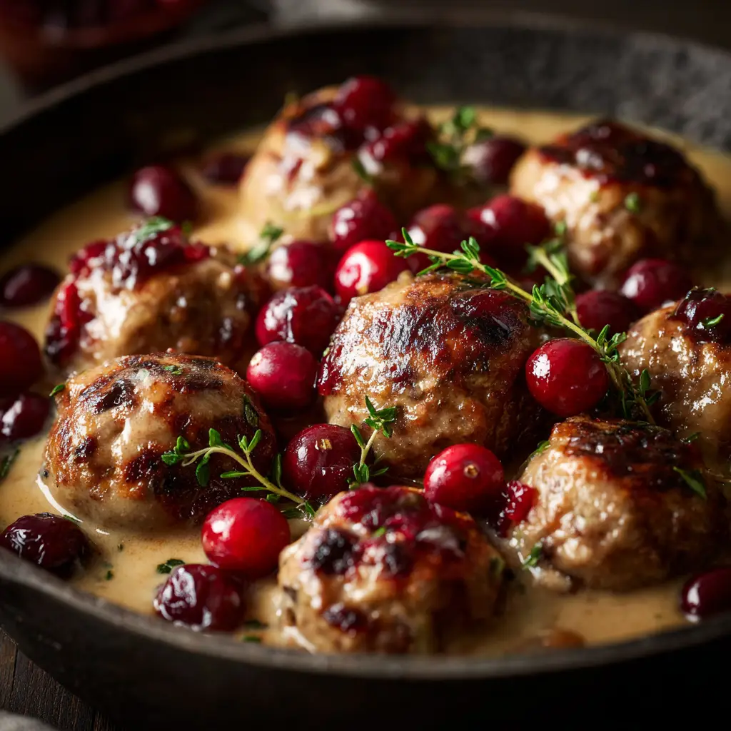 A close-up shot of several cranberry turkey meatballs simmering in the rich, red cranberry chili sauce in a skillet.