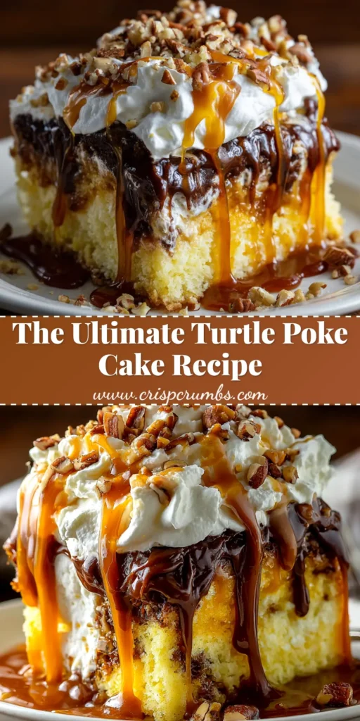A delicious slice of Turtle Poke Cake on a white plate, showing layers of chocolate cake, gooey caramel filling, and topped with whipped cream, pecans, and a caramel drizzle.