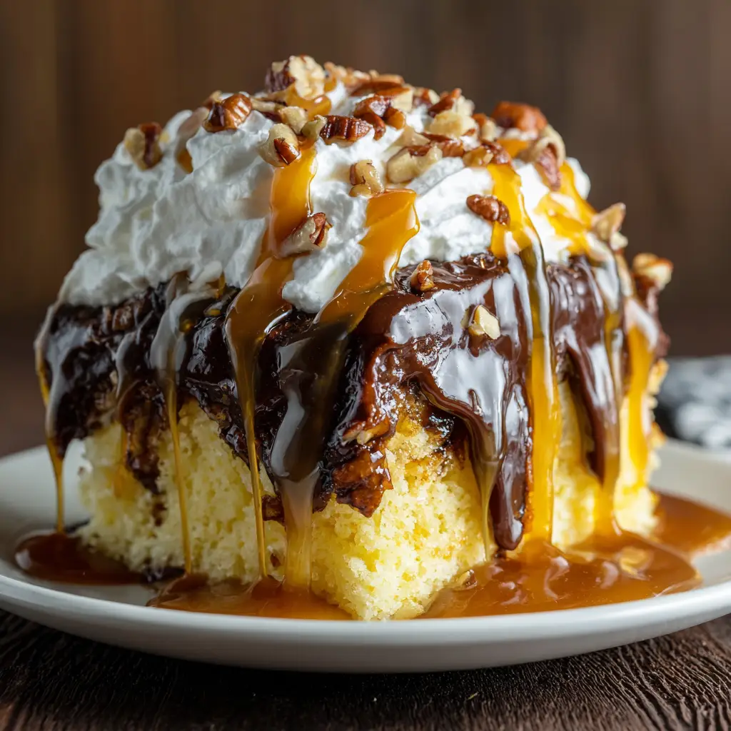 A close-up view of the top of the chocolate turtle poke cake, generously topped with whipped cream, chopped pecans, and a drizzle of caramel sauce.