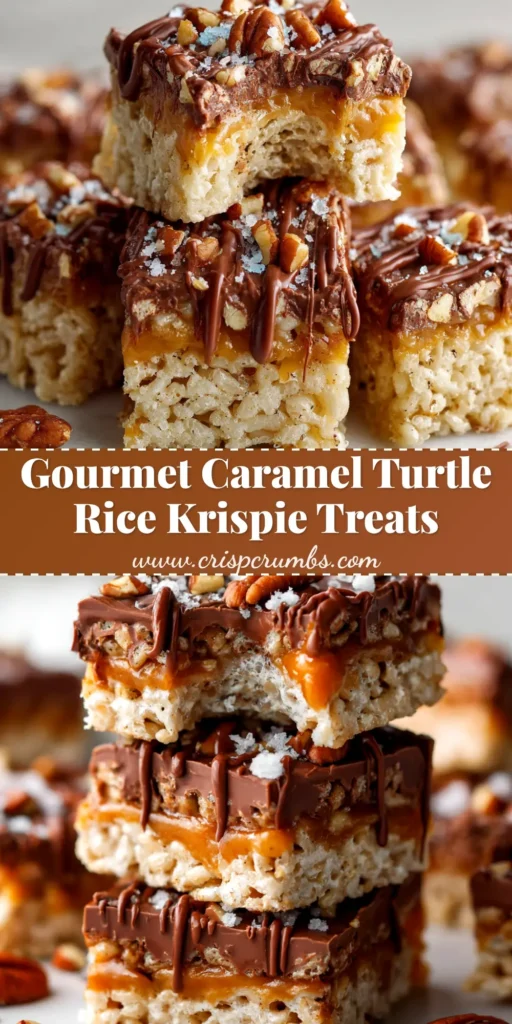 A pan of Turtle Rice Krispie Treats, showing layers of cereal, gooey caramel, melted chocolate, and toasted pecans. An easy, no-bake dessert recipe perfect for sharing.