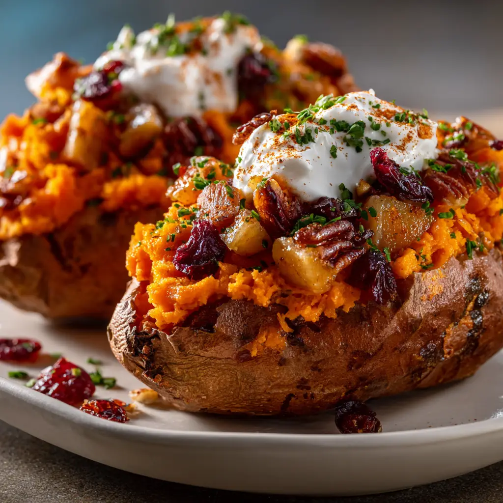 An extreme close-up of two twice-baked stuffed sweet potatoes, showing the fluffy interior and the savory black bean and corn filling.