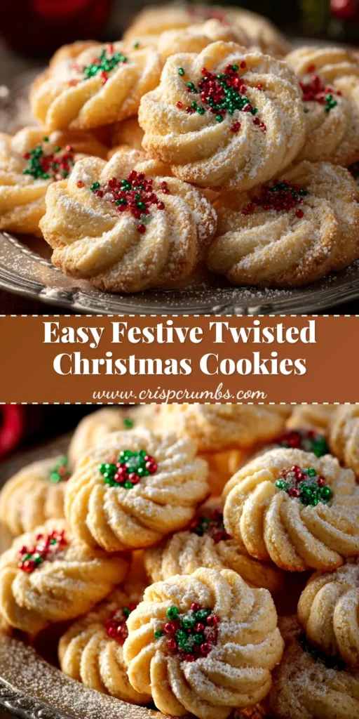 A festive platter of red and white Twisted Christmas Cookies, arranged beautifully for a holiday gathering. The cookies are shaped like candy canes and wreaths.