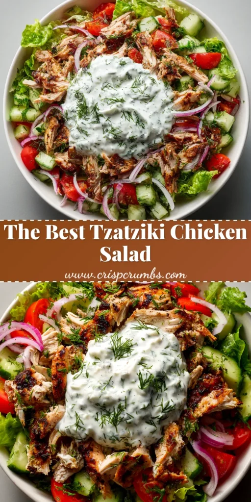 A bright overhead shot of creamy Tzatziki Chicken Salad in a white bowl, garnished with fresh dill. Perfect for a healthy and easy lunch recipe.