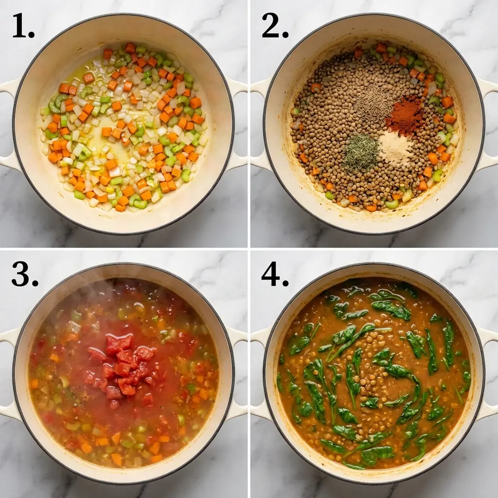 A four-panel image showing the steps to make vegan lentil vegetable soup: sautéing vegetables, adding lentils, simmering, and adding spinach.