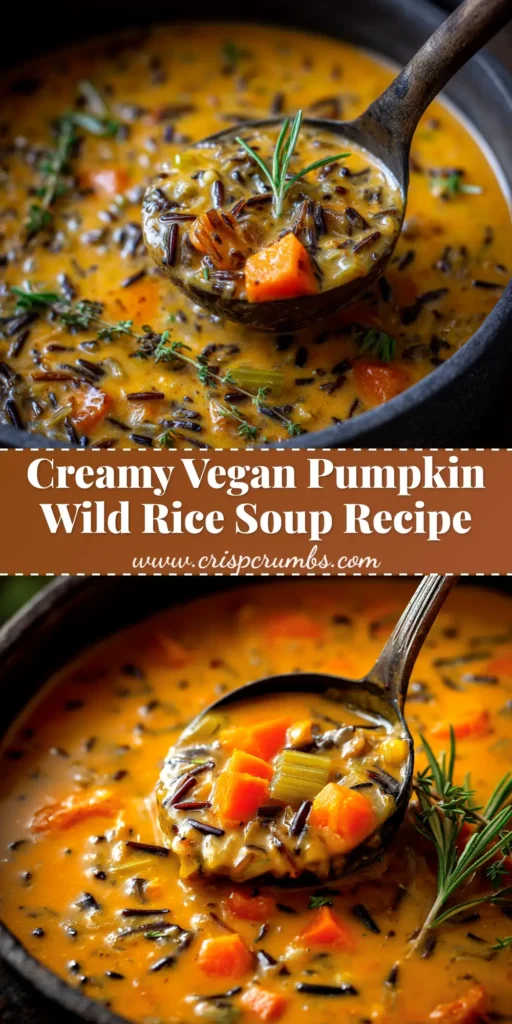 A cozy bowl of creamy Vegan Pumpkin Wild Rice Soup, garnished with fresh herbs and pepitas. Perfect for a healthy autumn meal.