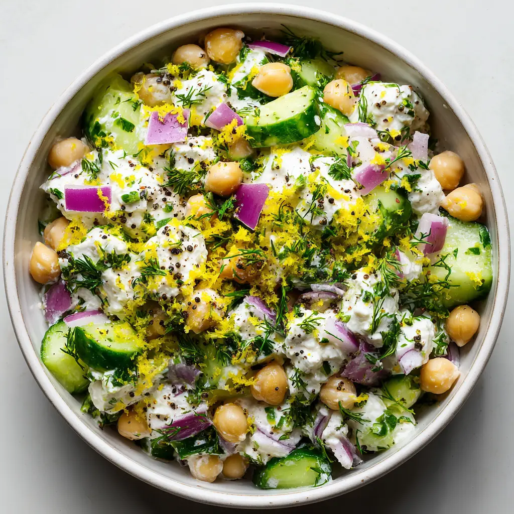 A fresh bowl of healthy chickpea salad with cottage cheese, garnished with fresh herbs and ready to be served.