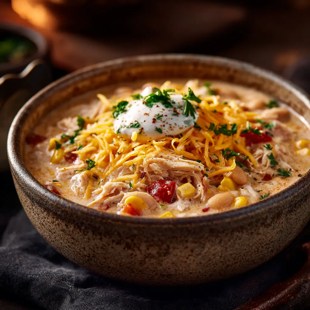 A spoonful of crockpot white bean chicken chili being lifted from a bowl, showing the shredded chicken and creamy broth.