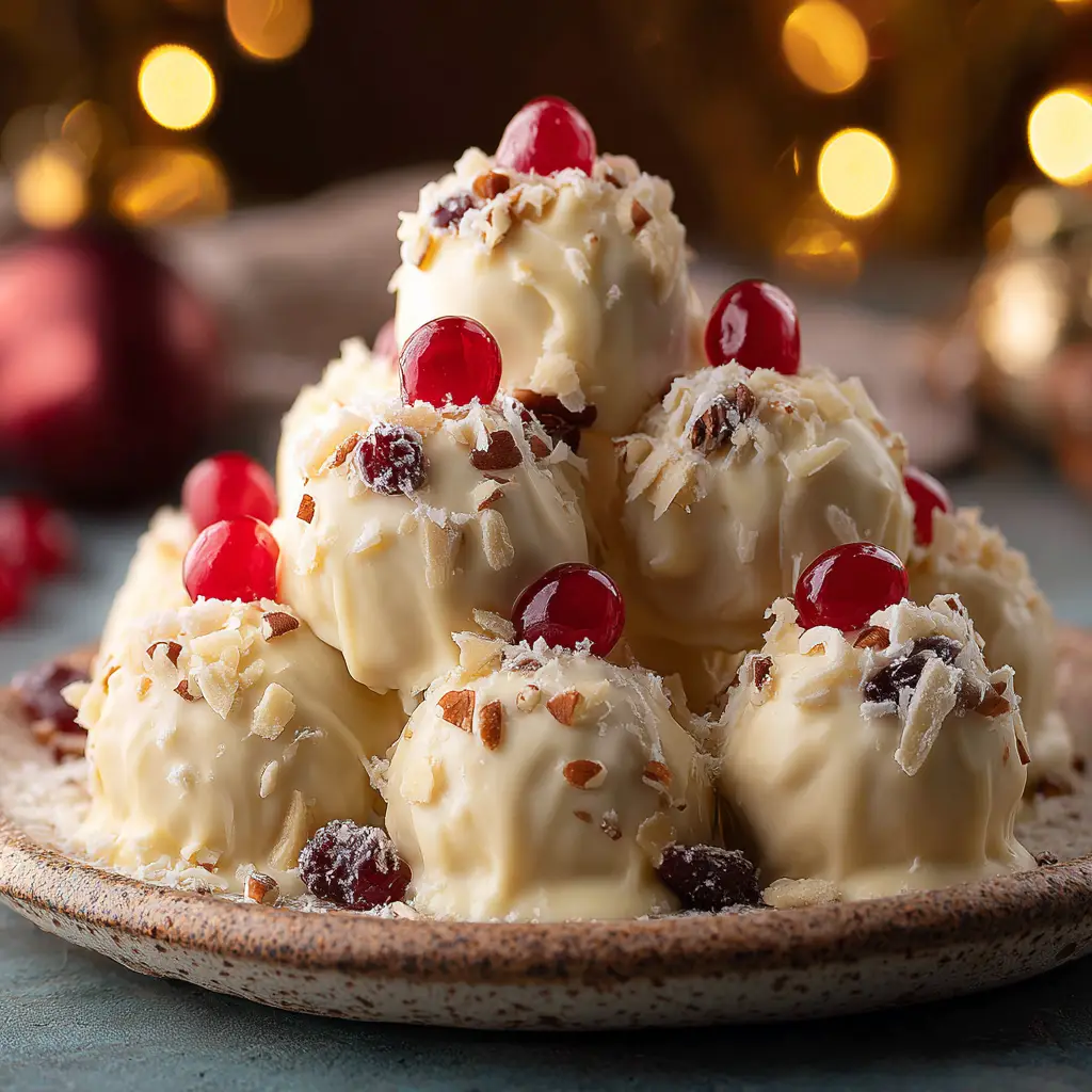 A pile of delicious white chocolate cherry truffles, also known as Christmas Cherry Bombs, on a festive platter.