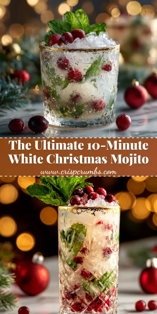 A tall glass of a creamy White Christmas Mojito, garnished with bright red cranberries and a fresh mint sprig, set against a festive background.