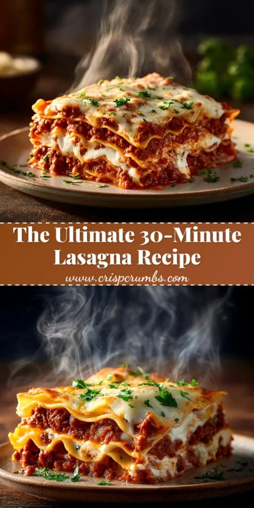 A delicious and easy 30-minute lasagna recipe in a cast iron skillet, topped with melted mozzarella and fresh basil. Perfect for a quick weeknight dinner.