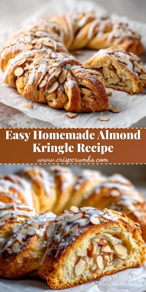 A beautiful homemade Almond Kringle Recipe shown on a platter, drizzled with icing and topped with sliced almonds. The perfect authentic Danish pastry for a holiday breakfast or dessert.