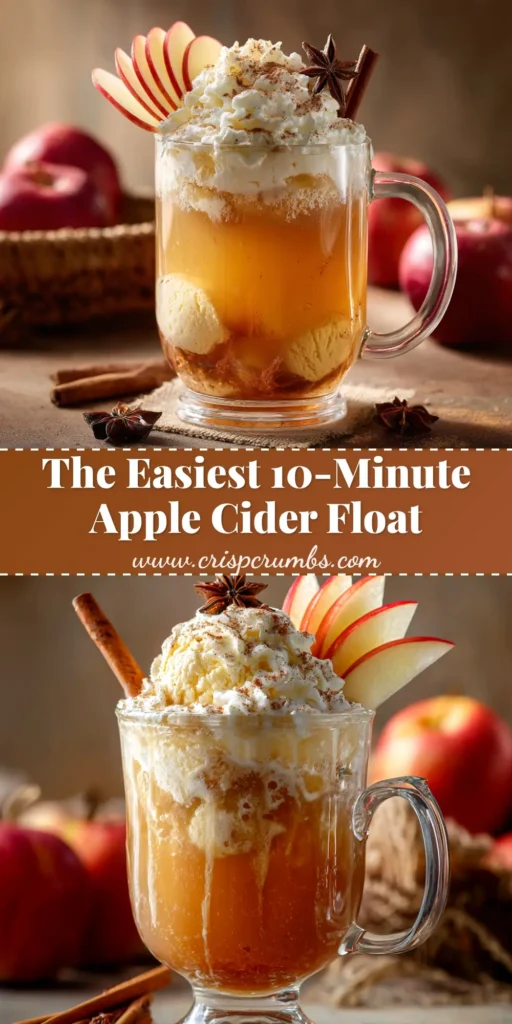 A tall glass filled with an Apple Cider Float, topped with creamy foam, a drizzle of caramel, and a cinnamon stick. The perfect easy fall dessert drink.