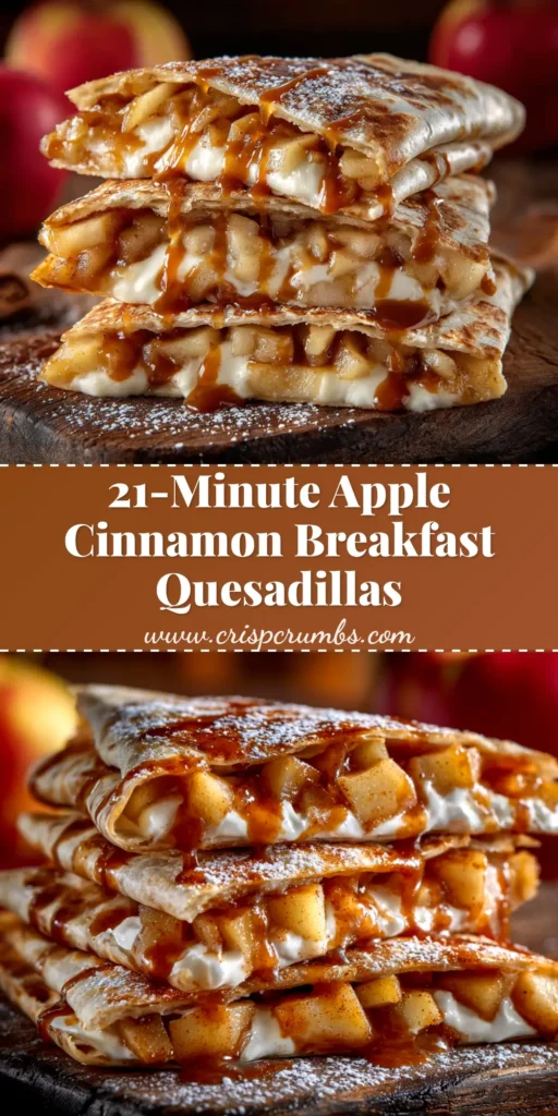 A stack of three crispy, golden-brown Apple Cinnamon Breakfast Quesadillas, sliced to show the warm, gooey apple and cream cheese filling.