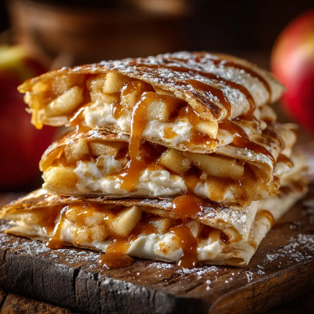 A close-up of a sliced apple cinnamon quesadilla, revealing the creamy melted cream cheese and spiced apple filling.