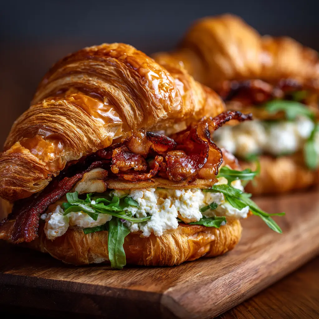 A process shot showing the uncooked apple goat cheese croissants assembled on a baking sheet, ready to go into the oven.